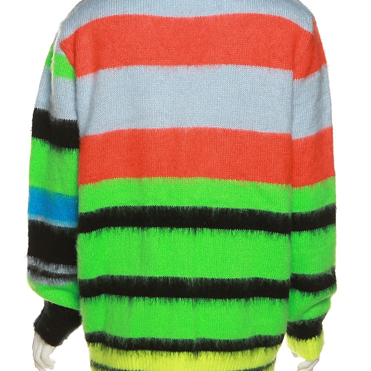 Weird Puss Cardigan Sweater Y2K Women Button Contrast Color Patchwork V-Neck Lantern Sleeve Top Street Hipster Loose Coat