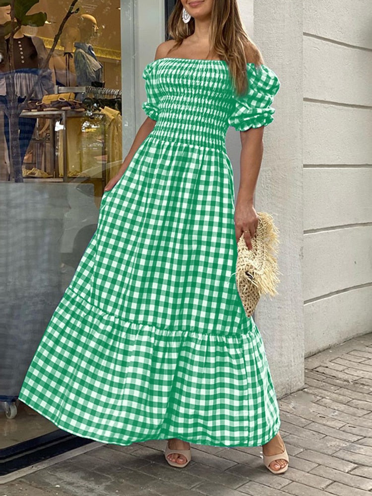Summer Long Maxi Dress Women Casual Short Sleeve Square Collar Vintage Plaid Party Bohemian Vestidos Loose Sundress