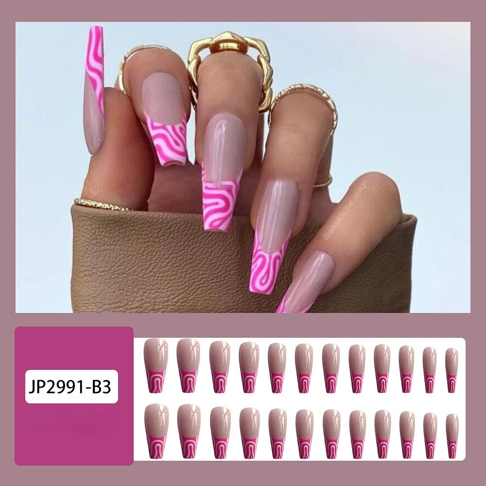 Sea Wave Carp Japanese Style Doodle False Nails Detachable Nude Pink Long Coffin Fake Nails with Glue Full Cover Press on Nails