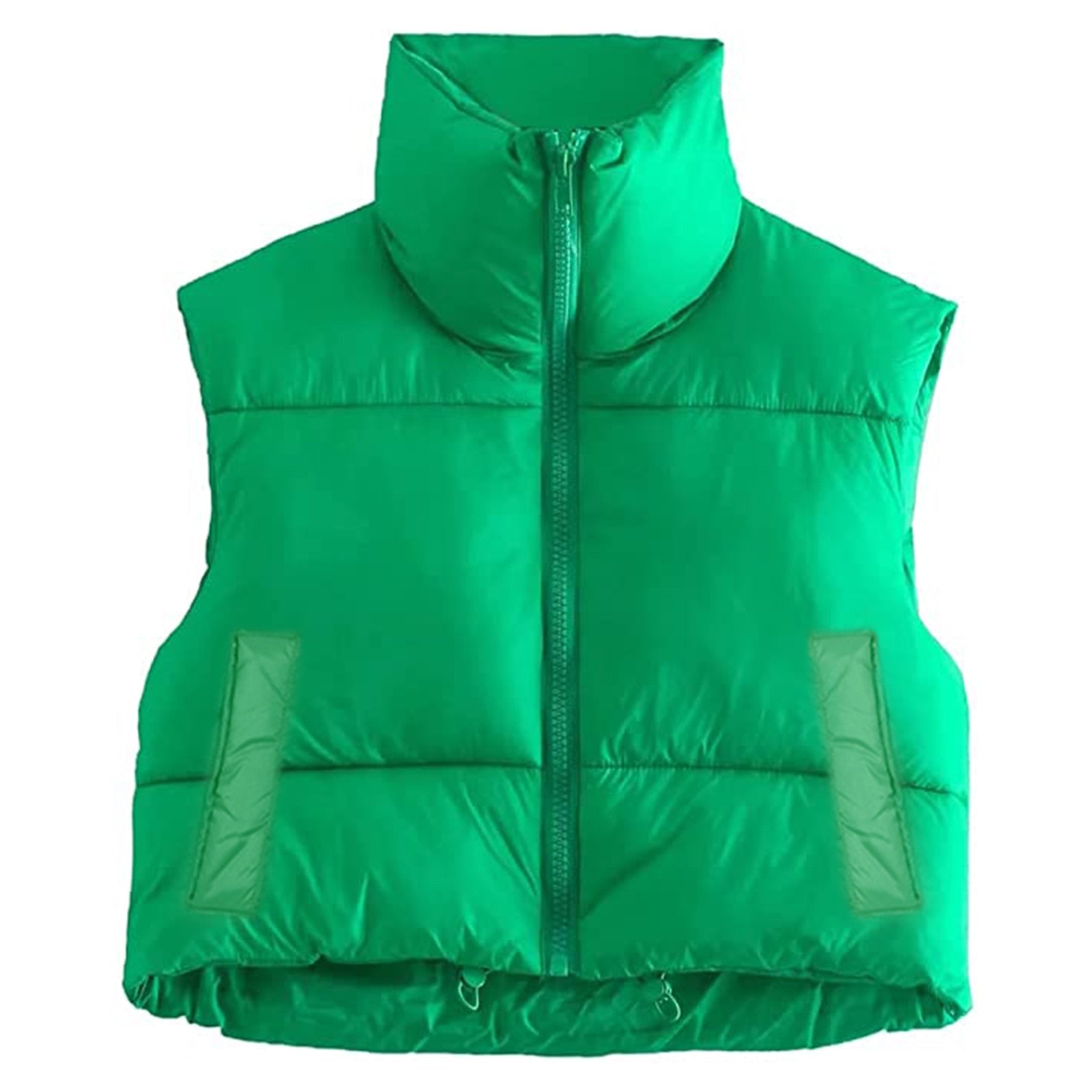 Women Winter Warm Crop Waistcoat, Sleeveless Stand Collar Double Sided Lightweight Puffer Vest Green