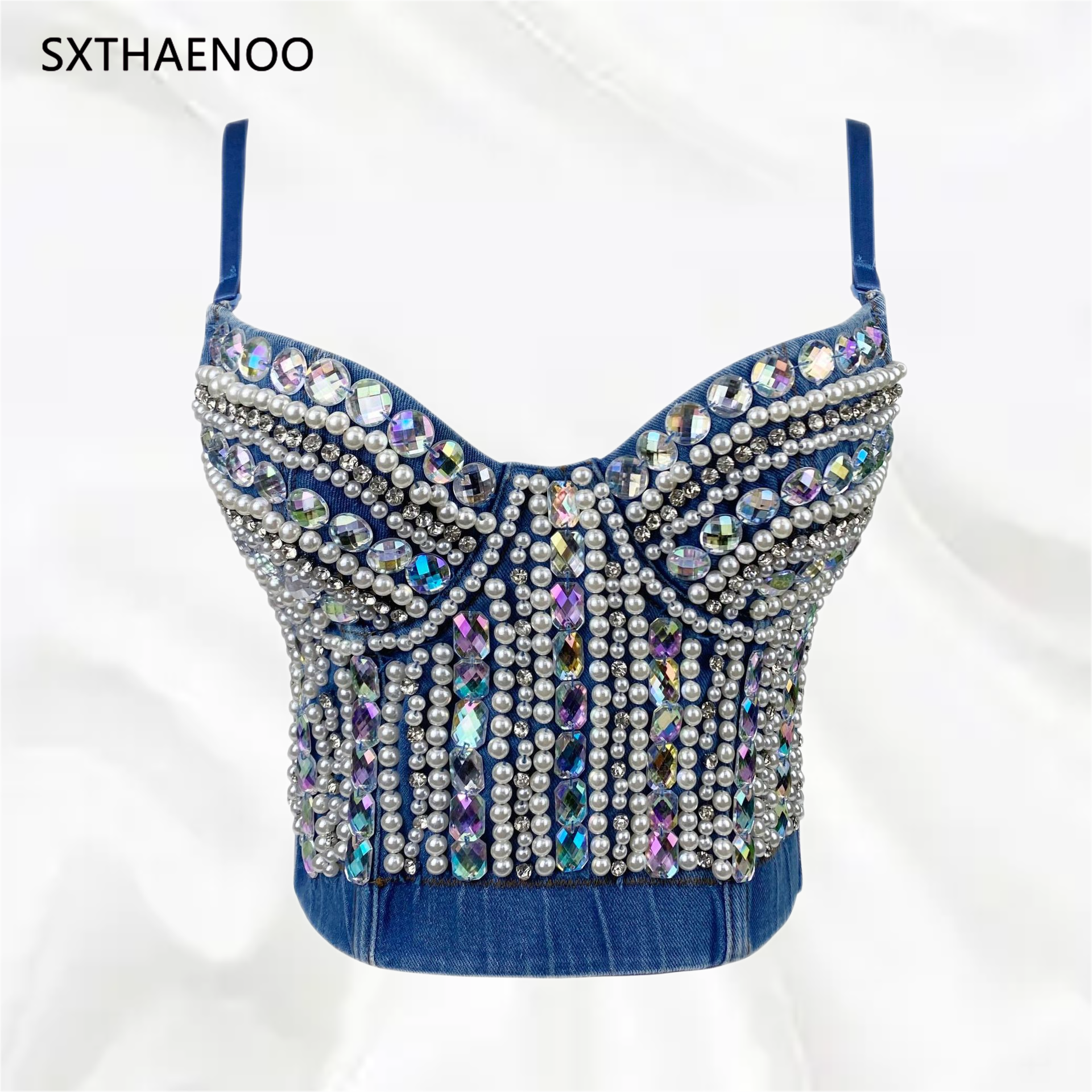 SXTHAENOO Women's Heavy Industry nailed beaded Diamond-Studded Sexy Crop Top Fashion Denim Sling Top Vset топ женский