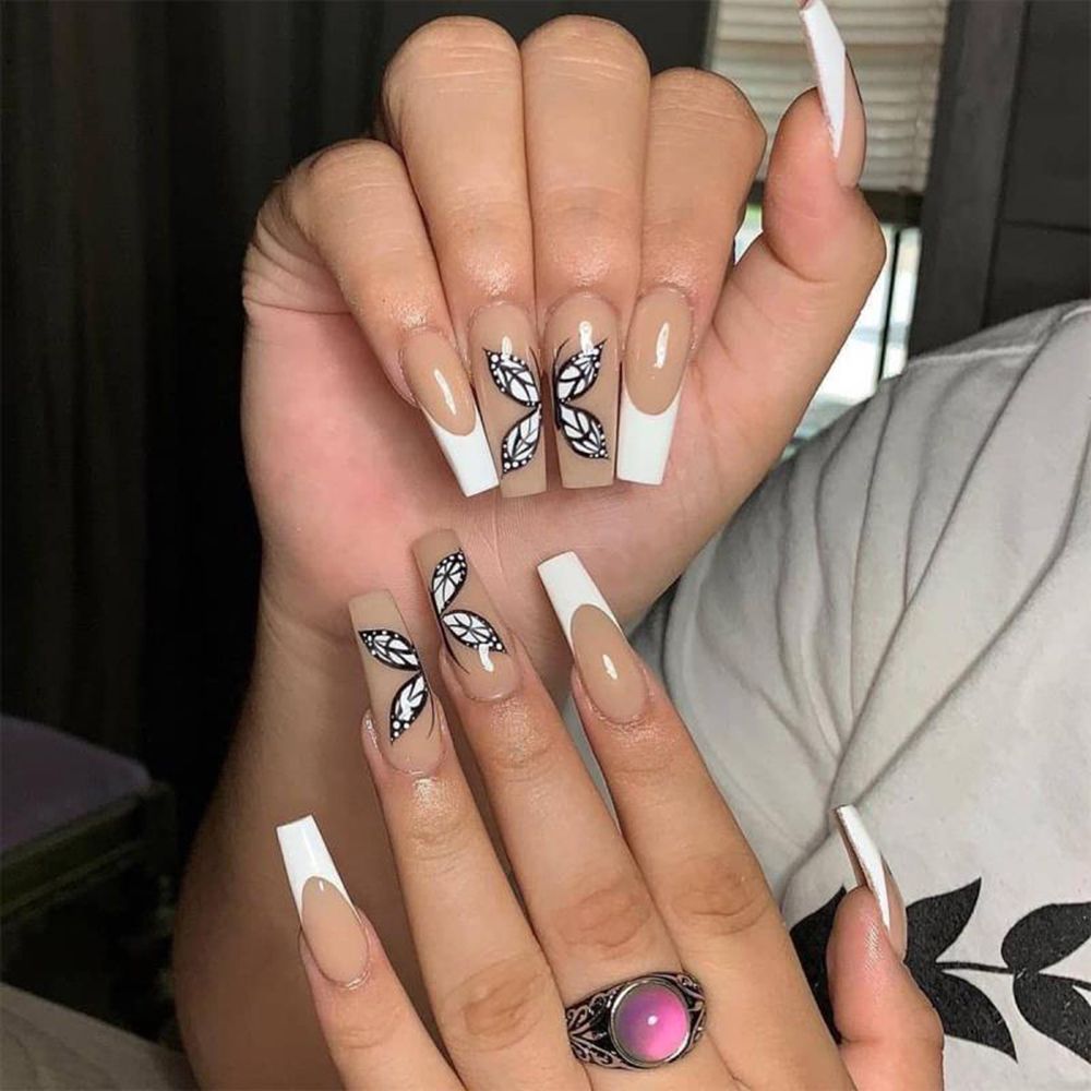 Pink Cow Design False Nail French Full Cover Long Coffin Fake Nails Glue DIY Manicure Nail Art Tools press on nails nail tips B3