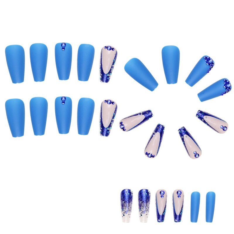 3D fake nails set with diamond glitters blue flakes designs middle size french tips faux ongles press on acrylic false nail art