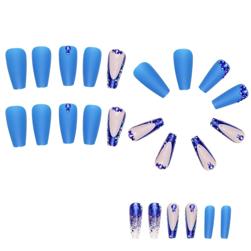 3D fake nails set with diamond glitters blue flakes designs middle size french tips faux ongles press on acrylic false nail art