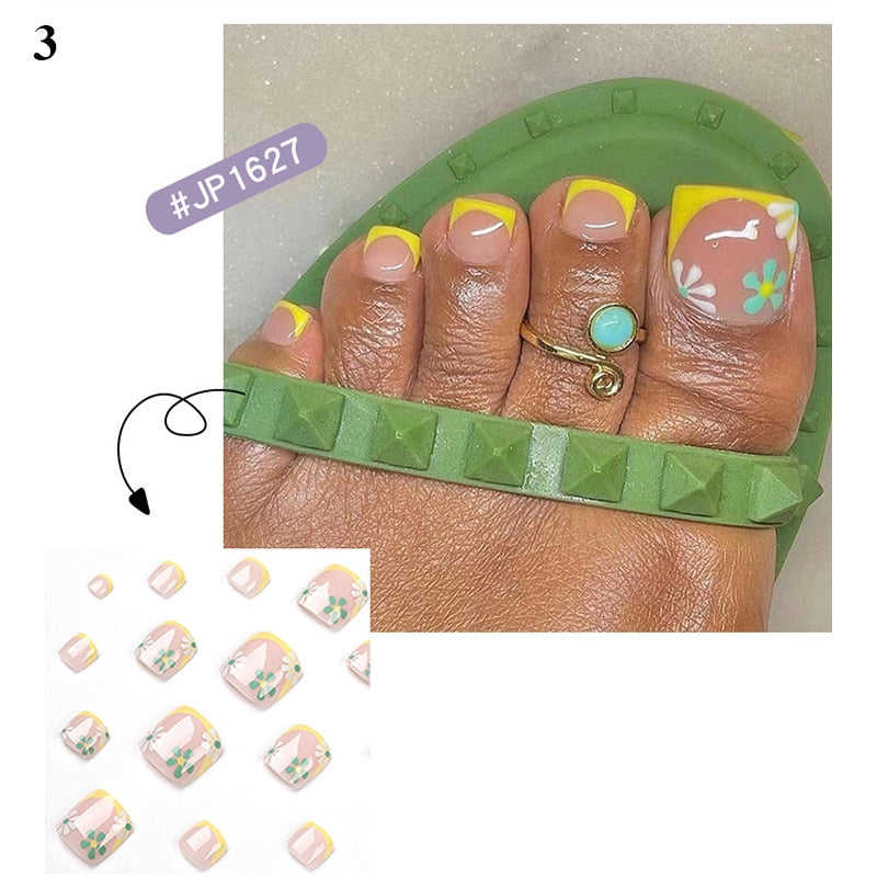 False Toenail 24Pcs/Box Toe Nail 3D Glitter Decor Press On Fake Nails With Glue Detachable Square Short Full Cover DIY Nail Tips