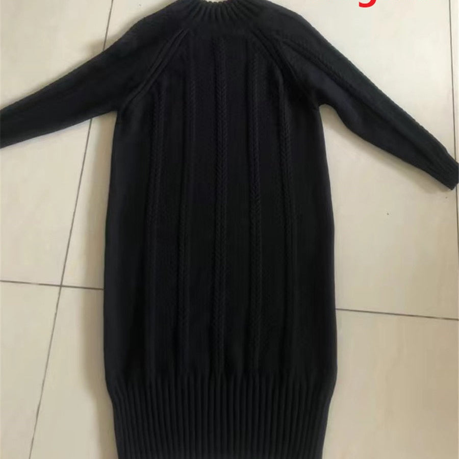 Winter Thicken Plus Velvet Sweater Dress Women's Fall Mock Neck Rib Knit Bottoming Dresses Elegant Warm Vestido Midi With Coats black