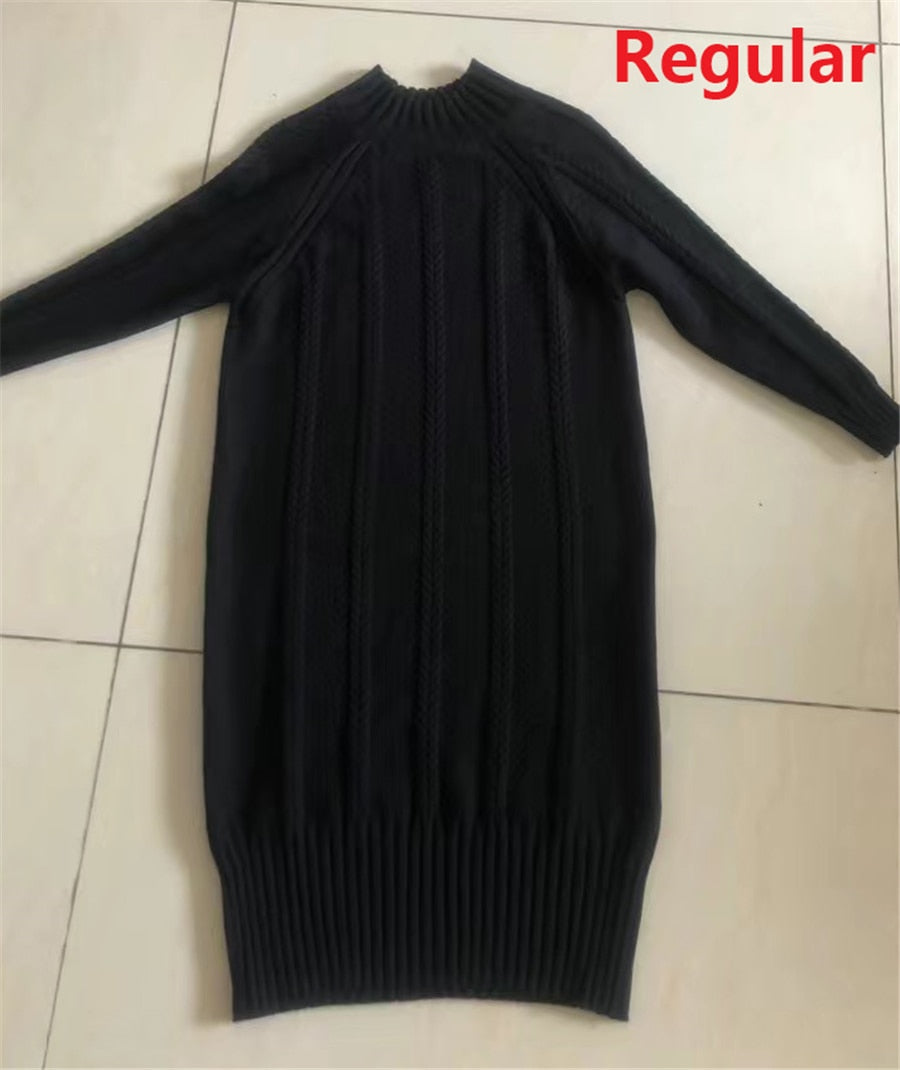 Winter Thicken Plus Velvet Sweater Dress Women's Fall Mock Neck Rib Knit Bottoming Dresses Elegant Warm Vestido Midi With Coats black