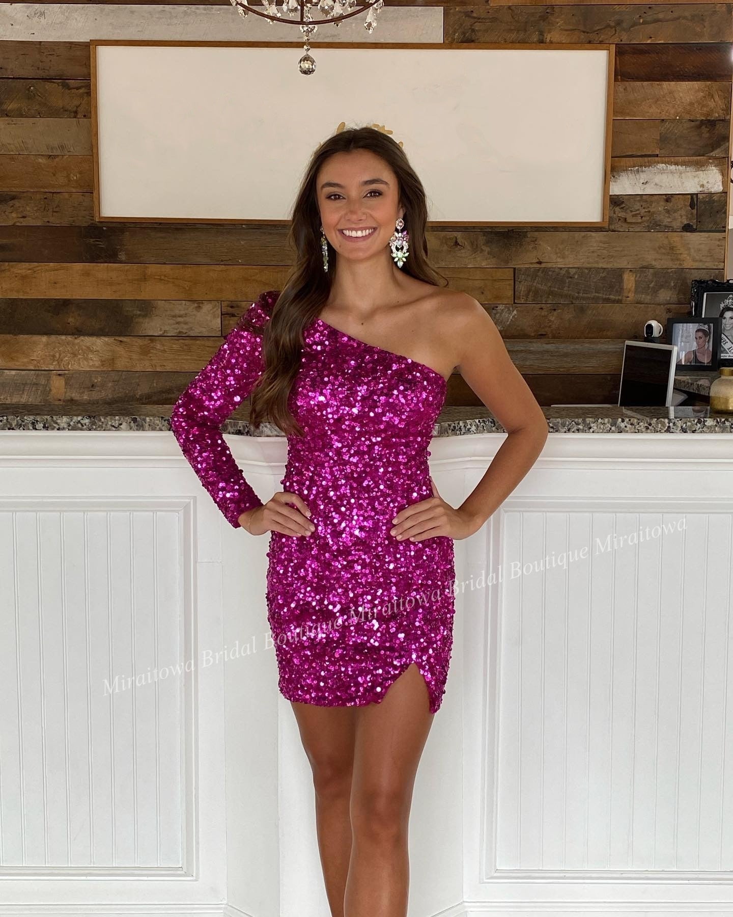 Pink Sequin Mini Cocktail NYE Dress Long Sleeve Lady Formal Event Homecoming Party Gown Club Night Hoco Gala One-Shoulder