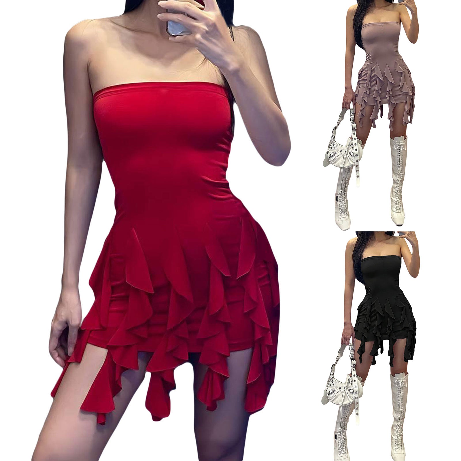 Summer Women Fairy Ruffle Tassels Bodycon Dress Women Off-Shoulder Strapless Irregular Mini Dress Streetwear