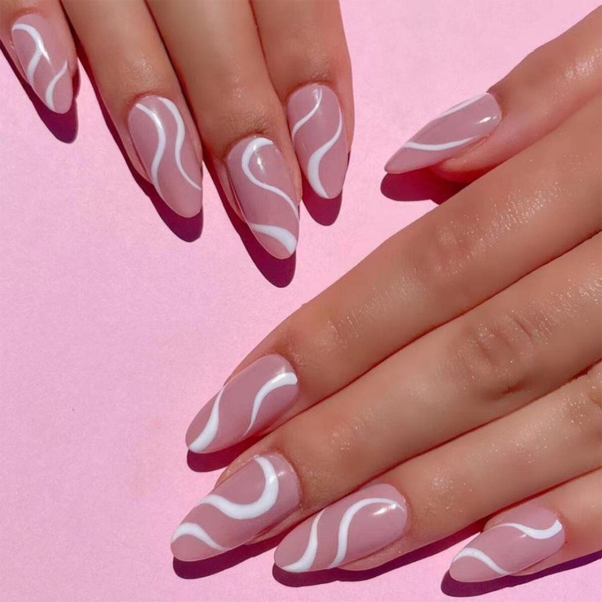 24Pcs/Set Fake Nails With Glue Full Cover Nail Tips Press On Med Nails DIY Manicure Oval Head False Nails Pink Almond Artificial