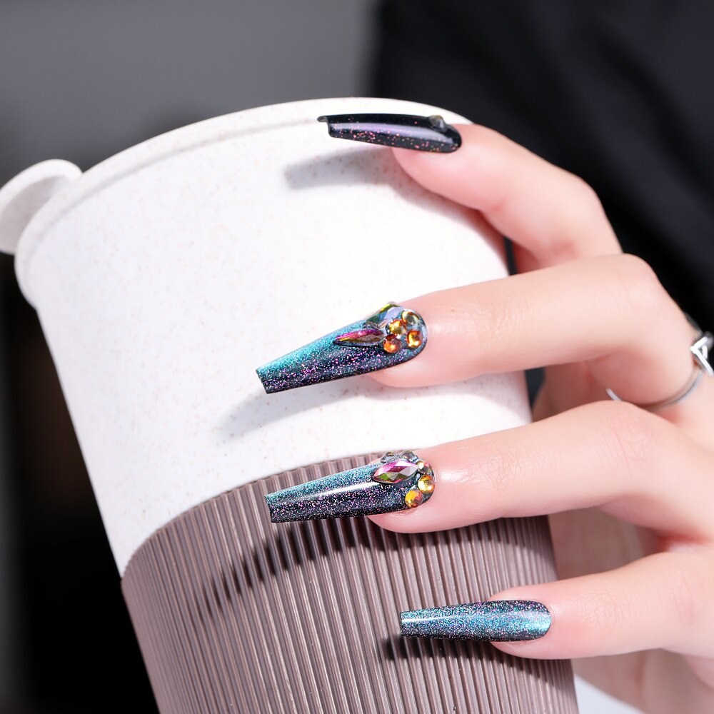 CNHIDS 24Pcs Charming Sparkling Purple Long Coffin False Nail Press On Nail Tips Girl Decoration Crystal Fake Nail With Design