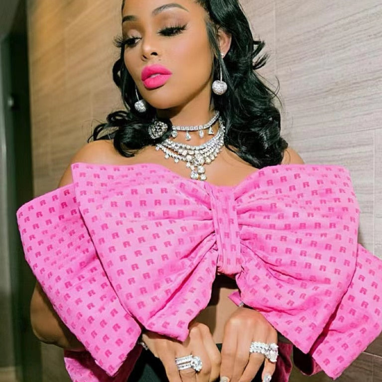 Summer Letter Print Big Bow Crop Top Elegant Women Sexy Strapless Layered Bowknot Backless Shirt Casual Clothing Party Tops