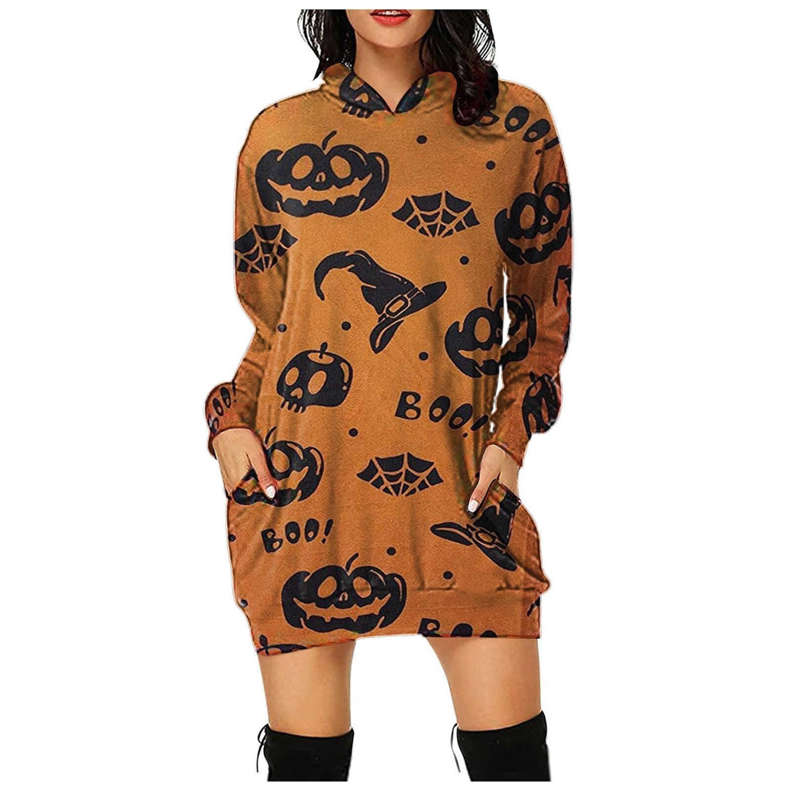 Women's Halloween Pumpkin Printed Sweater Hooded Long Sleeve Dress Sweatshirt Female Women Autumn Spring Casual Hoodies Clothes P11