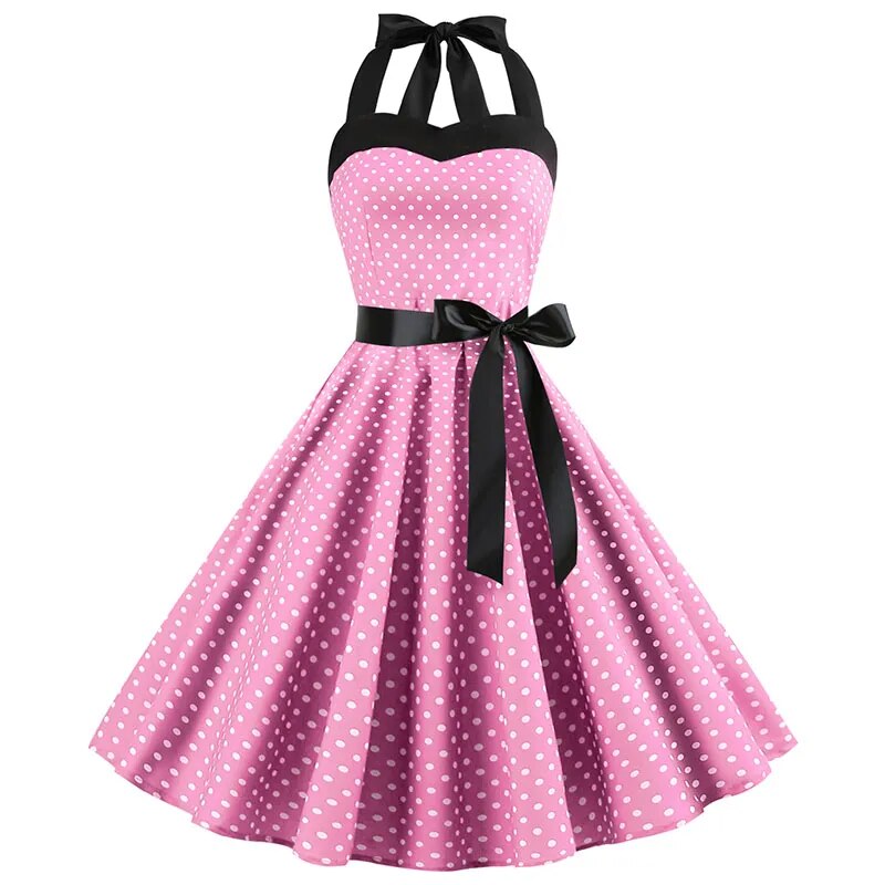 Polka Dot Dress Women Vintage Swing Halter Belt 50s 60s Rockabilly Prom Party Dresses Retro Feminino Vestidos 1014-PINK