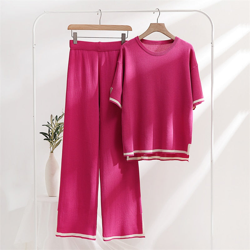Two Piece Set Elegant Pants Sets Ice Knitted Summer Outfits For Women Short Sleeve Pajama Suit Rose Red One Size