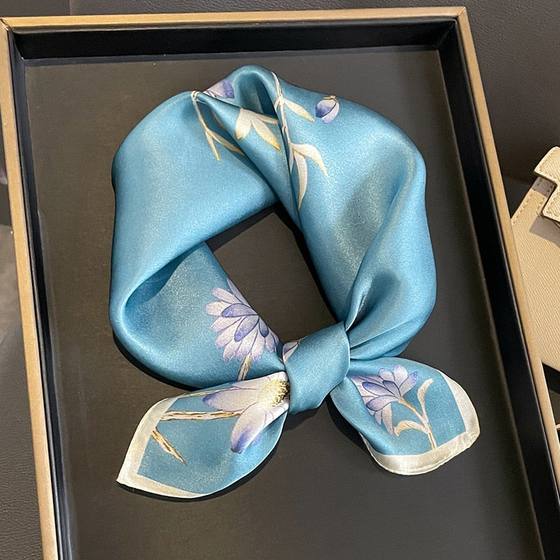 53cm Real Silk Nature Scarf Women Neckerchief Foulard Bandana Small Hairbands Fashion Floral Neck Ties for Office Lady New ZS-303 53x53cm