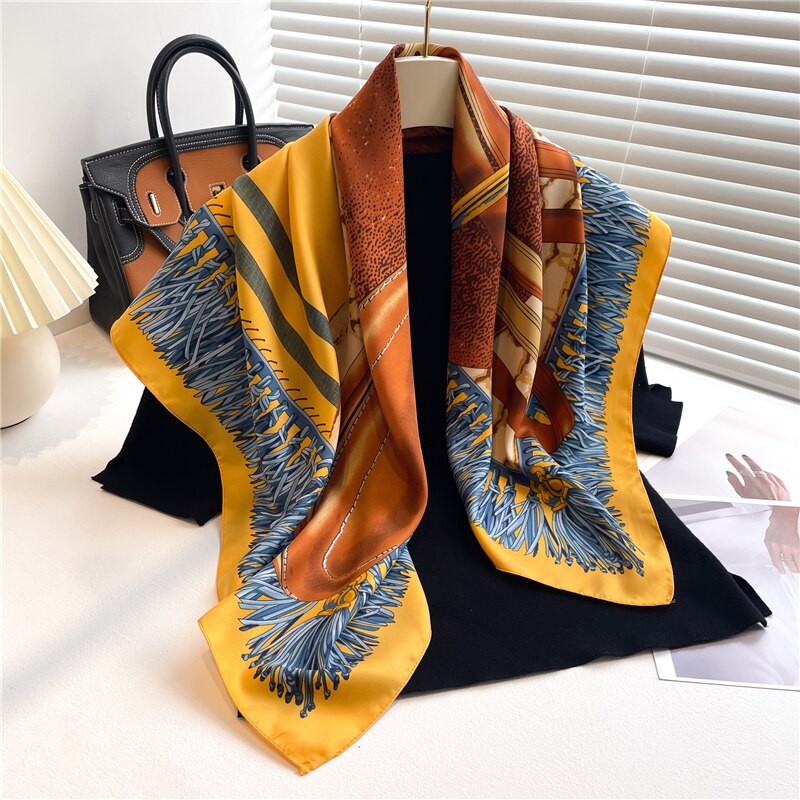 Fashion Print Printing Twill Silk Square Scarf for Women Hijab Muslim Headband Bandana Summer Shawl Beach Stoles Echarpe