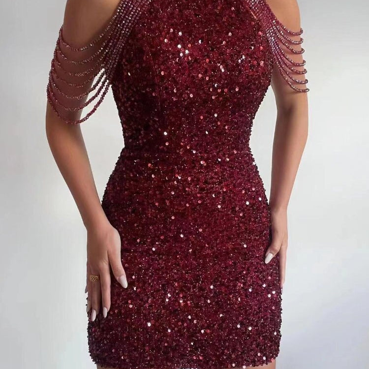 Summer New In Fashion Women's Dress Sequined Luxury Party Short Dresses Chic and Elegant Sexy Crystal Tassel Evening Dress