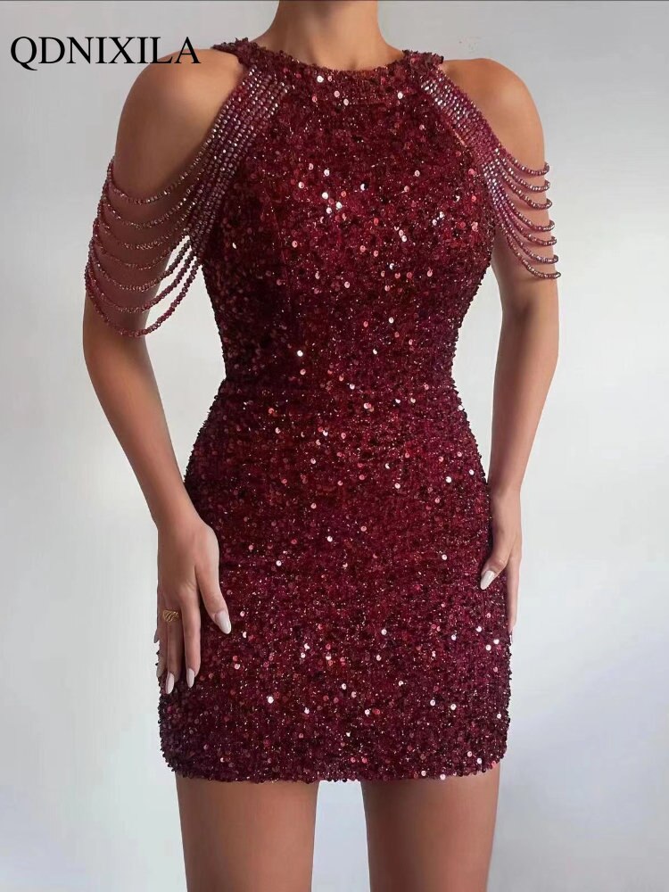 Summer New In Fashion Women's Dress Sequined Luxury Party Short Dresses Chic and Elegant Sexy Crystal Tassel Evening Dress