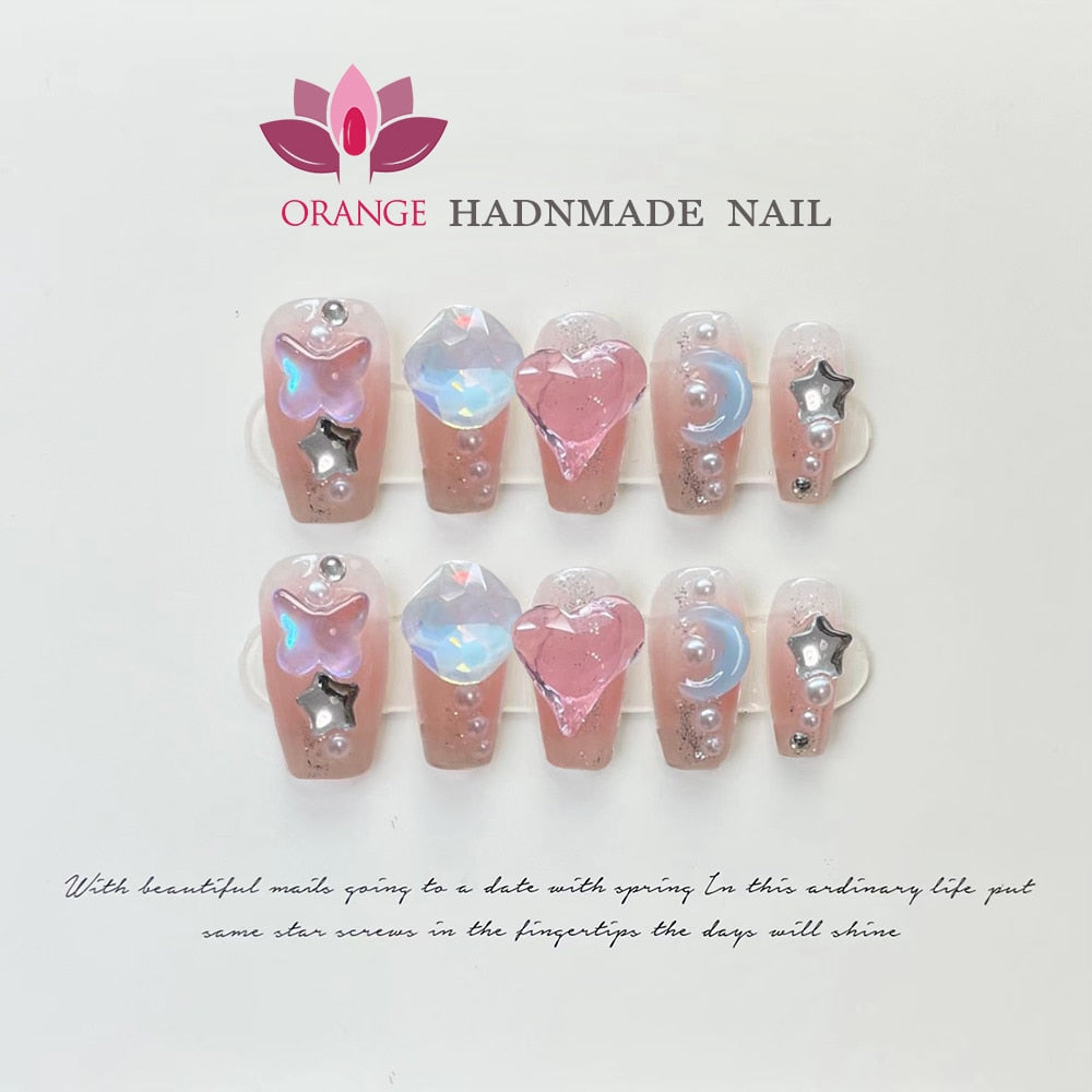 Handmade Beauty Nails Pressed on Design Decoration Fake Nails Design Full Cover Artificial Manicuree Wearable Orange Nail Store Spain