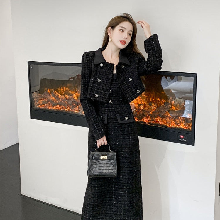 Luxury Tweed Two Piece Set Women Outfits Female Vintage Lapel Short Jacket Coat+Spaghetti Straps Dress Suit Fall Winter Woolen S