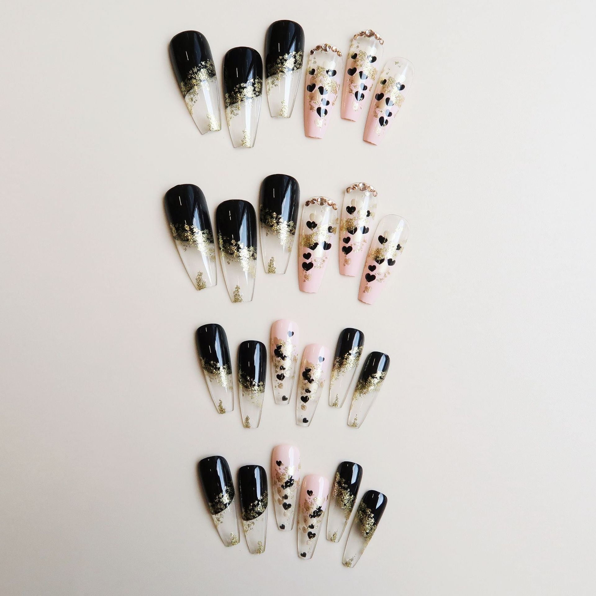 3D fake nails accessories long french coffin tips black gold heart glitters with diamond designs faux ongles press on false nail