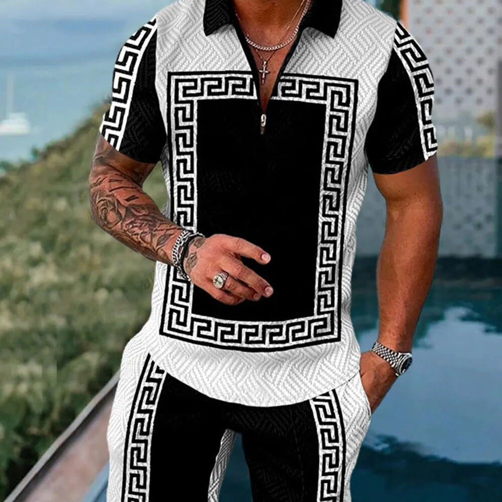 summer men's Polo shirt short sleeve 3D printing luxury retro Polo suit shirt flannel collar sportswear leisure suit 2-piece 2
