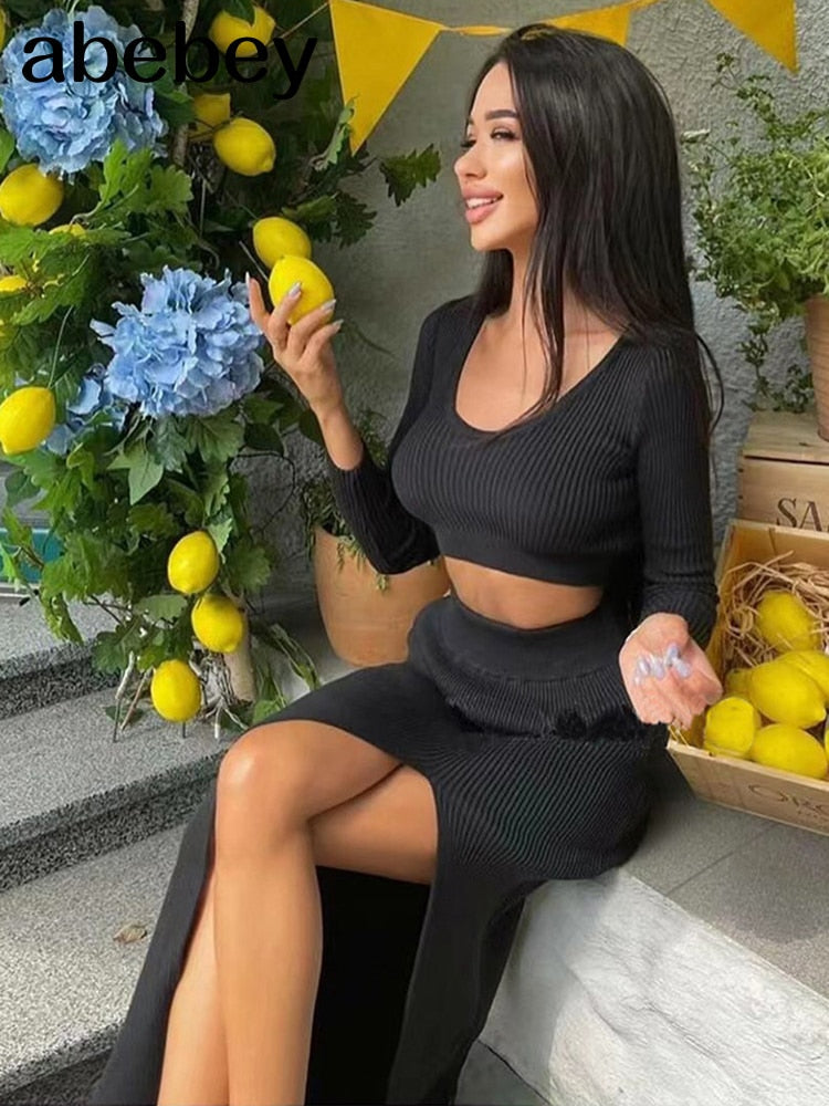 Knitted Winter Women Sexy Sweater Skirt Suit Y2K Fashion Long Sleeve Crop Tops And Long Split Skirt Dress Two Piece Sets Black