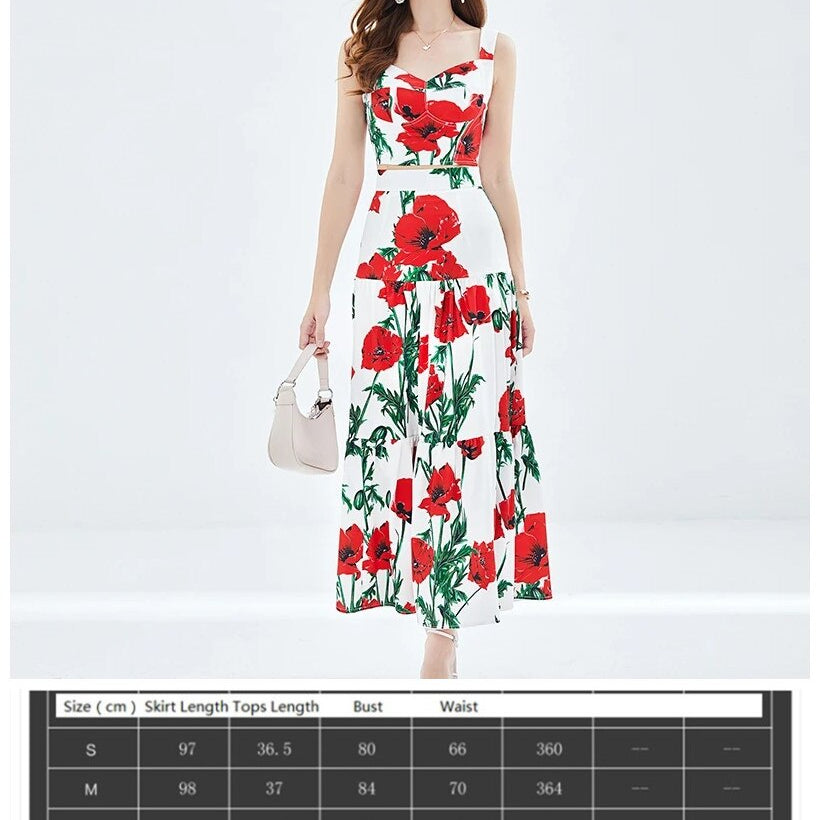 Summer Floral Dress Sets Women 2 Piece Outfit Sexy Slim Tops and Skirt Party Set Suspender Strap Suit Ballgown Frocks 2