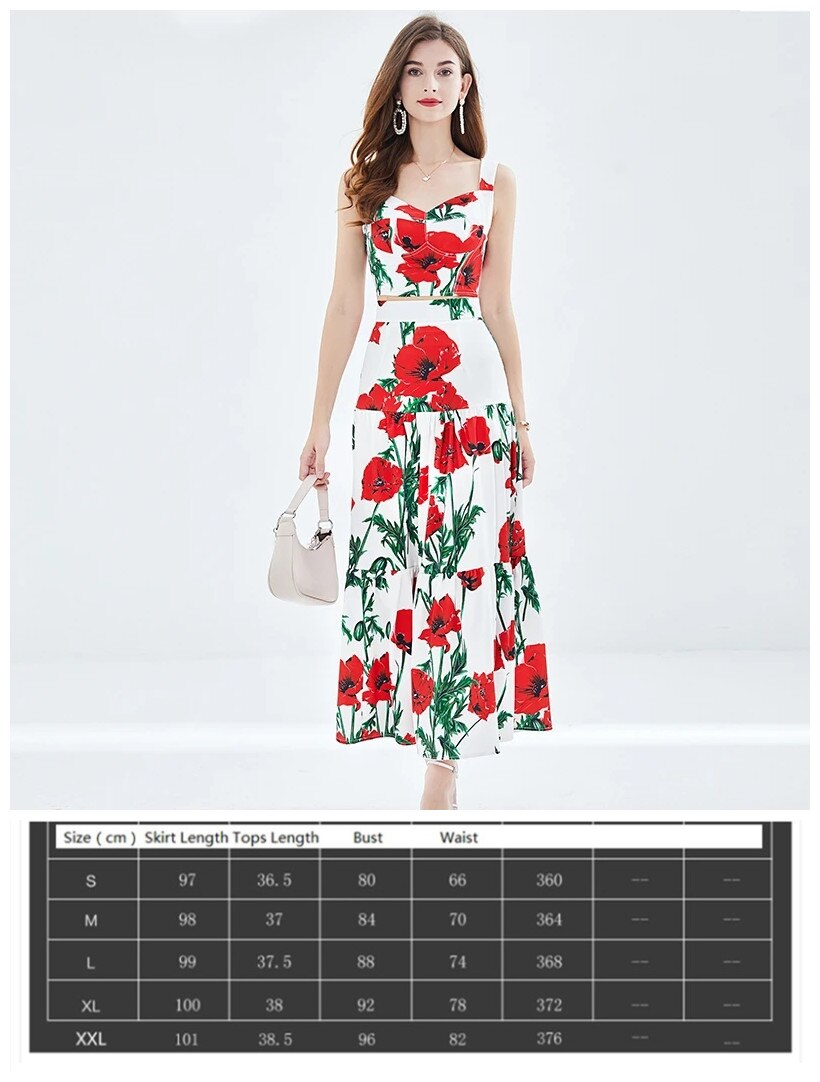 Summer Floral Dress Sets Women 2 Piece Outfit Sexy Slim Tops and Skirt Party Set Suspender Strap Suit Ballgown Frocks