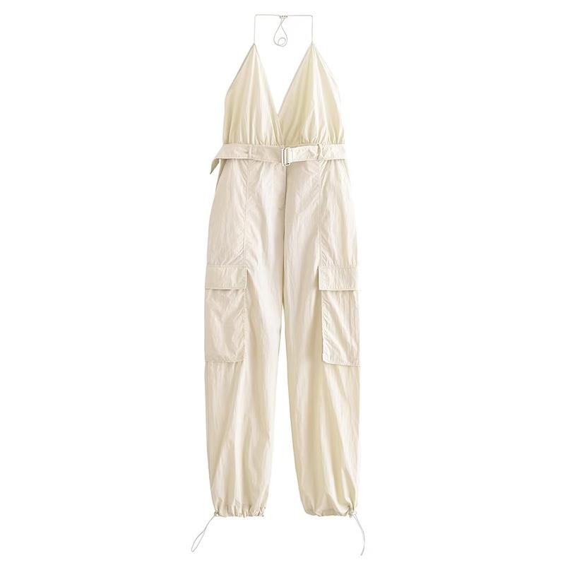 Summer Women Safari Style Jumpsuit With Belt New Female Solid Pocket Decoration Deep V-Neck Backless Camisloe Bodysuit