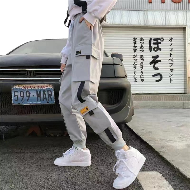 Women Cargo Pants Harem Pants Fashion Punk Pockets Jogger Trousers With Chain Harajuku Elastics High Waist Streetwear style 2 gray
