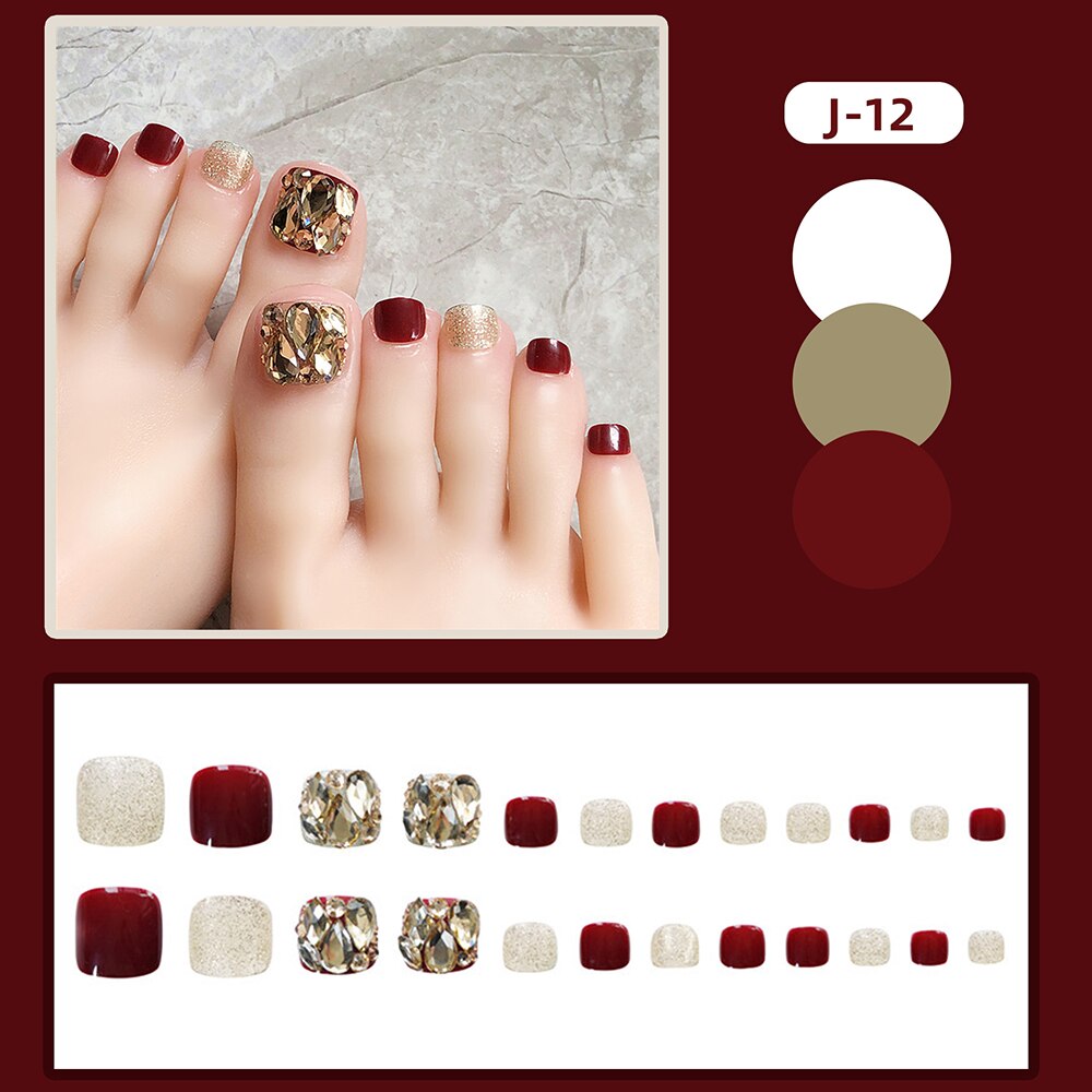 Summer Gold Full Diamond Feet Nails Press On Fake Glitter Toe Nail Stickers Full Cover Toe Nail Tips False Foot Nails
