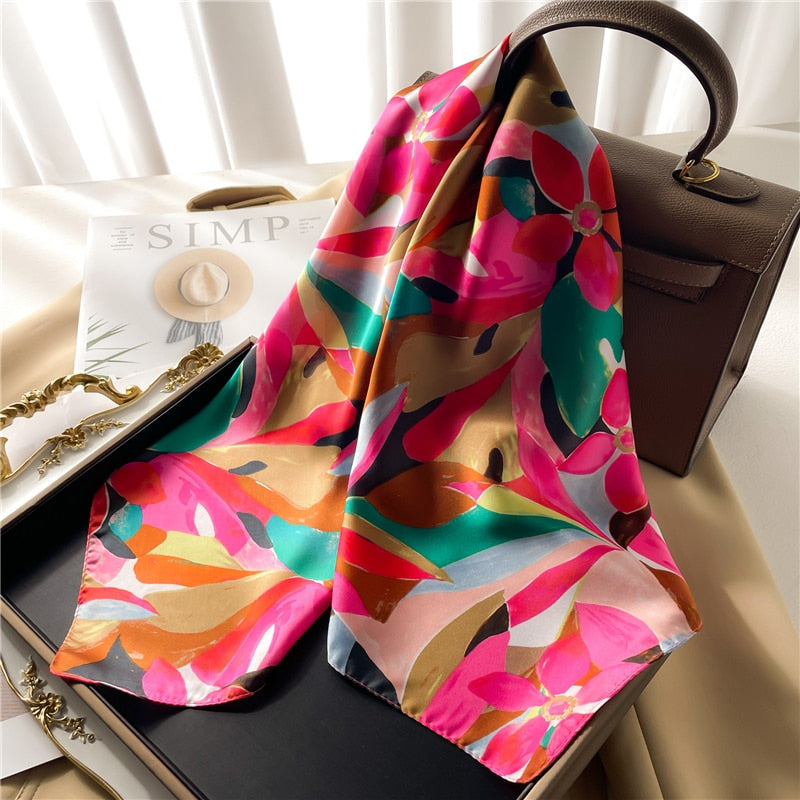 Luxury Print Satin Silk Square Scarf for Women Shawl Hijab Neckerchief Female Hair Ribbon Headband Fashion Wrap Bandana New
