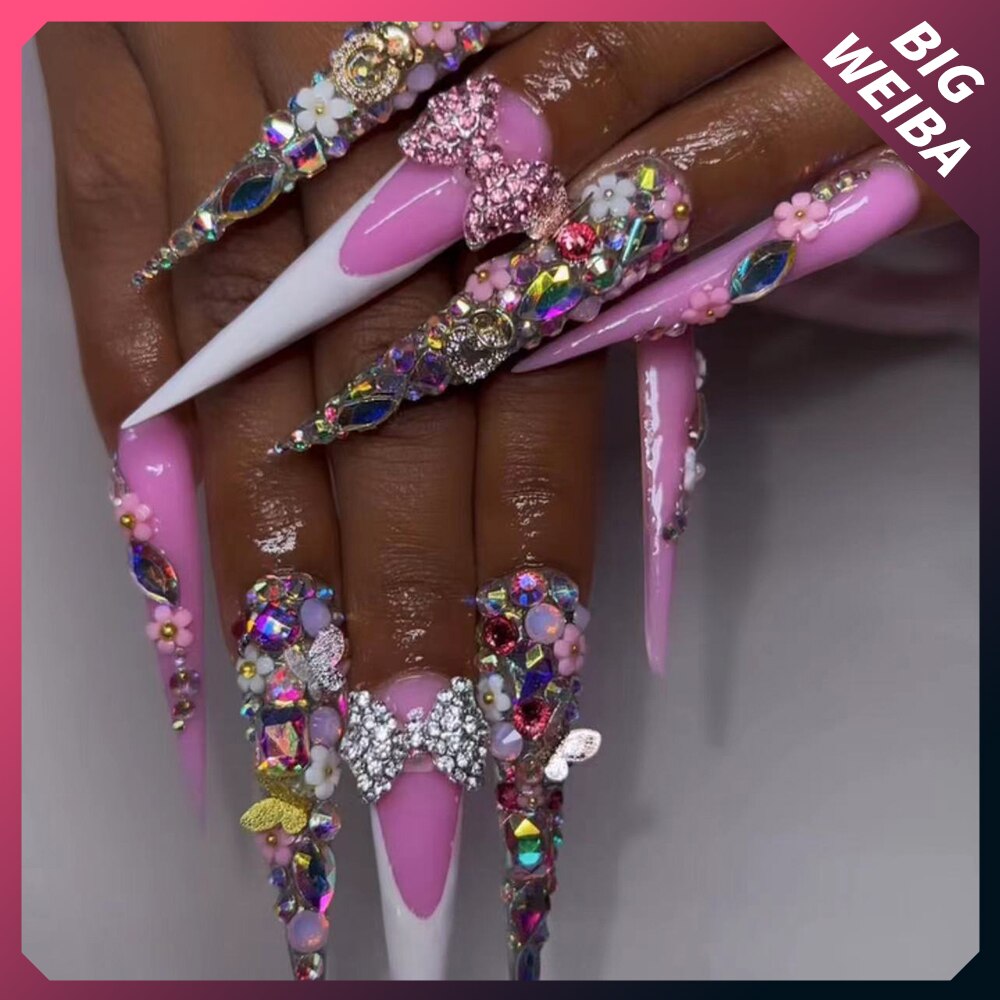 41Style Diamond Stiletto Coffin Long Nail Europe America Handwork Customization Cosplay Party Full Cover Fake Nails Woman Gift