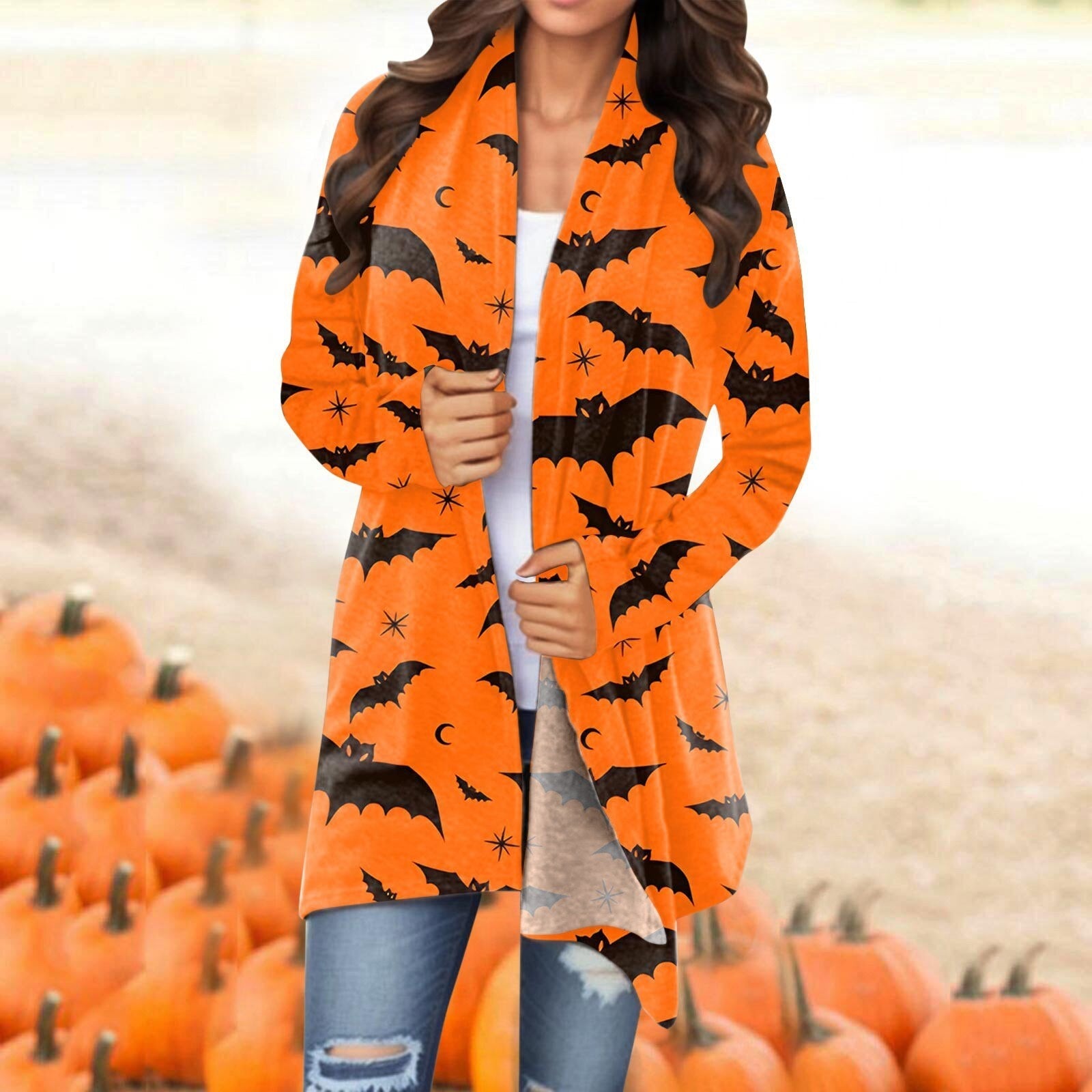 Casual Versatile Halloween Printed Thin Coat Cardigan New Basic Jackets For Women Fashion Woman Clothes Streetwear Ropa De Mujer B-Orange
