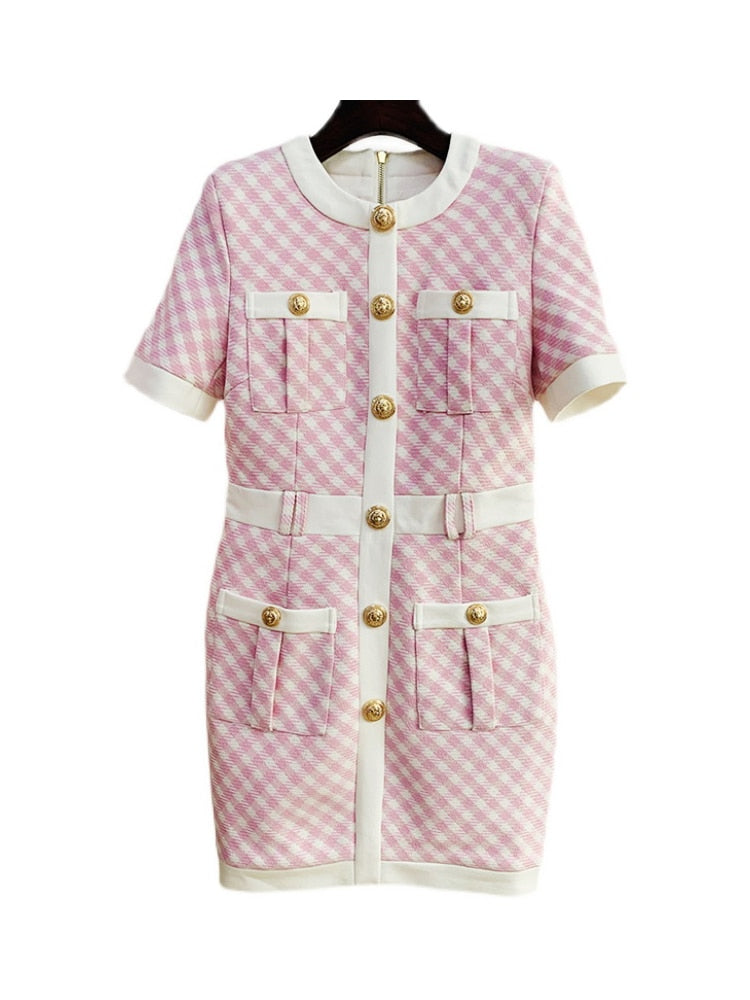 HIGH STREET Newest Fashion Fall Winter Designer Women's Short Sleeve Lion Buttons Color Block Plaid Tweed Dress