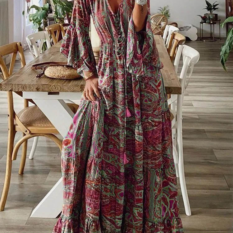 Women Vintage Print Long Dress 2023 Summer Sexy V Neck Short Sleeve A-line Dress Female Elegant Elastic Waist Maxi Dresess Robe EA08432-Red