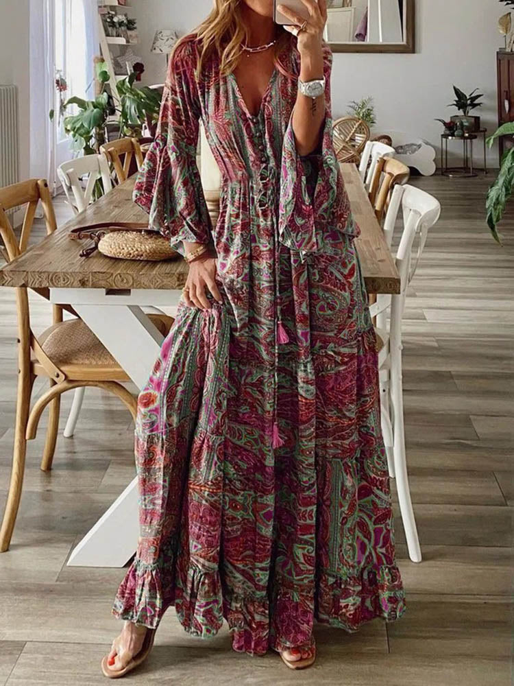 Women Vintage Print Long Dress 2023 Summer Sexy V Neck Short Sleeve A-line Dress Female Elegant Elastic Waist Maxi Dresess Robe EA08432-Red