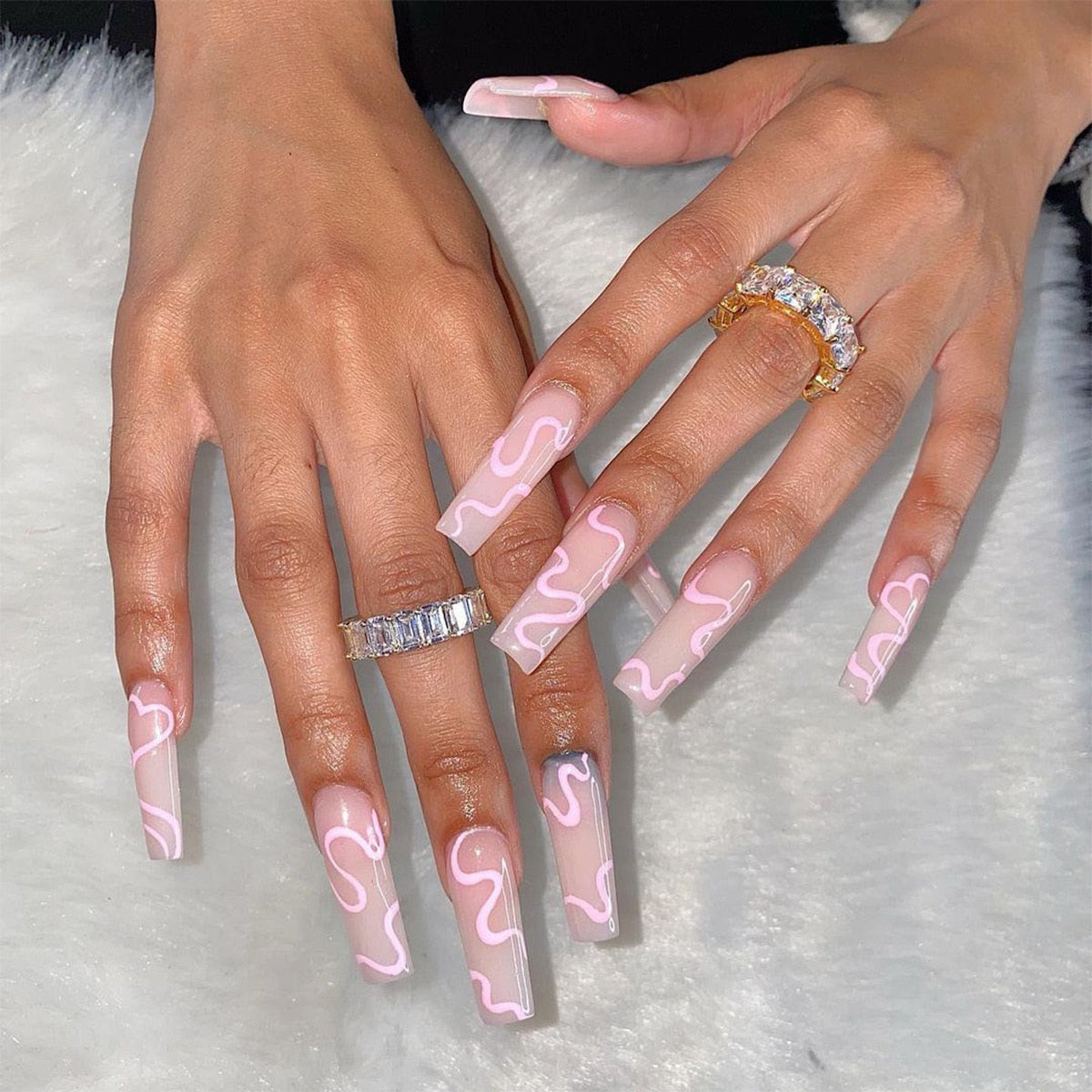 24Pcs/Box White French Fake Nails Press on Long XL Length Rhinestone Design False Nails Full Cover Acrylic Nail Tips