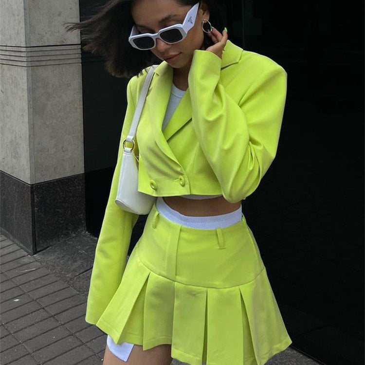 Casual Two Piece Sets Women's Fall Outfits New Black Matching Sets With Skirt And Blazer Cropped Top Suit For Women