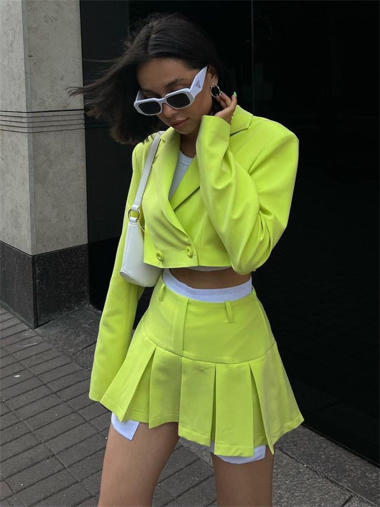 Casual Two Piece Sets Women's Fall Outfits New Black Matching Sets With Skirt And Blazer Cropped Top Suit For Women