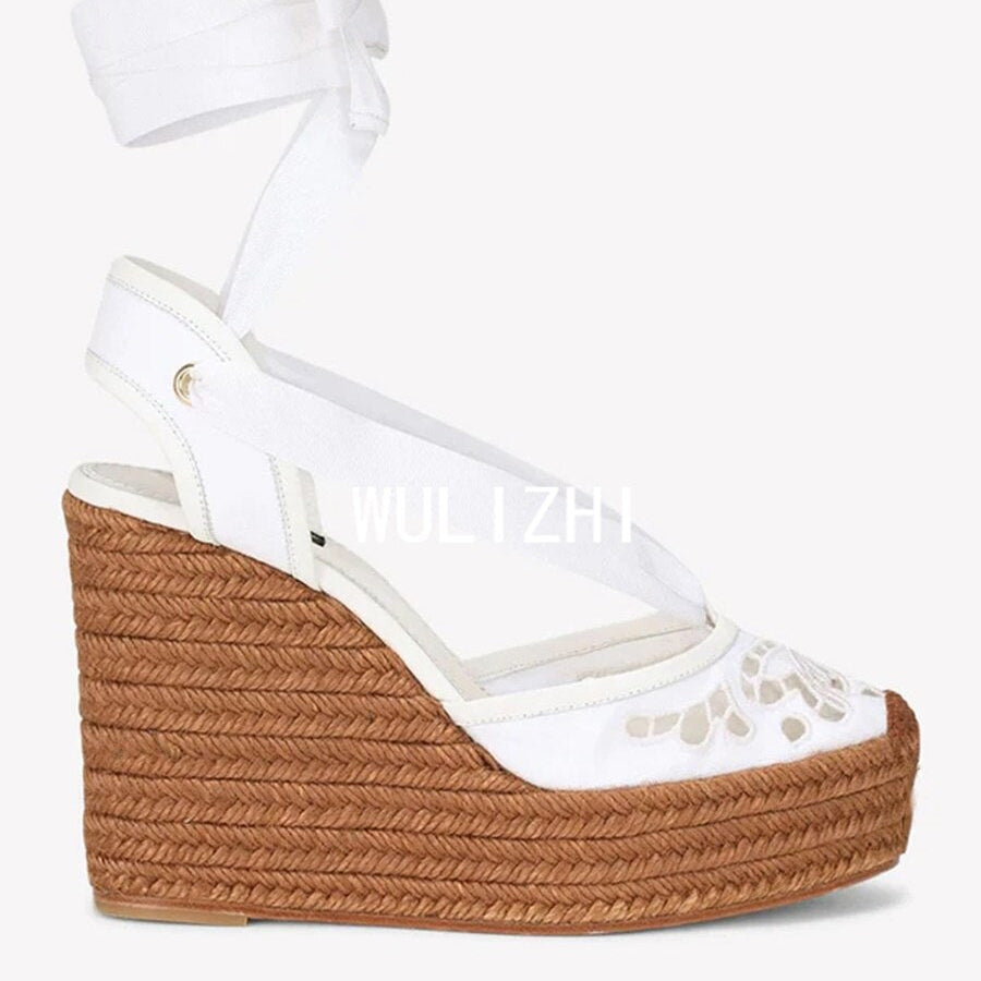 Women Woven Wedge Sandals Blue White Flower Print Graffiti Straw Butterfly Hollow High Heels Ankle Ribbon Wrapping Casual Shoes