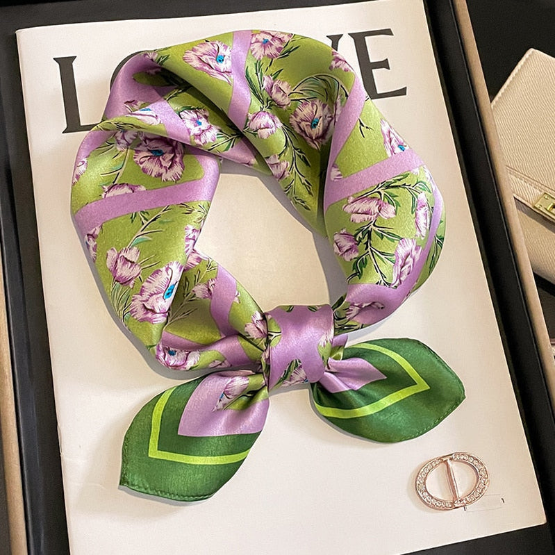 53cm Real Silk Nature Scarf Women Neckerchief Foulard Bandana Small Hairbands Fashion Floral Neck Ties for Office Lady New ZS-258-purple 53x53cm
