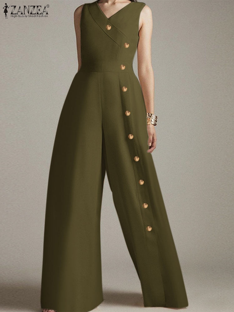 ZANZEA 2023 Fashion Wide Leg Pant Long Rompers Sexy V Neck Jumpsuits Casual Summer Sleeveless Waisted Buttons Split Playsuits