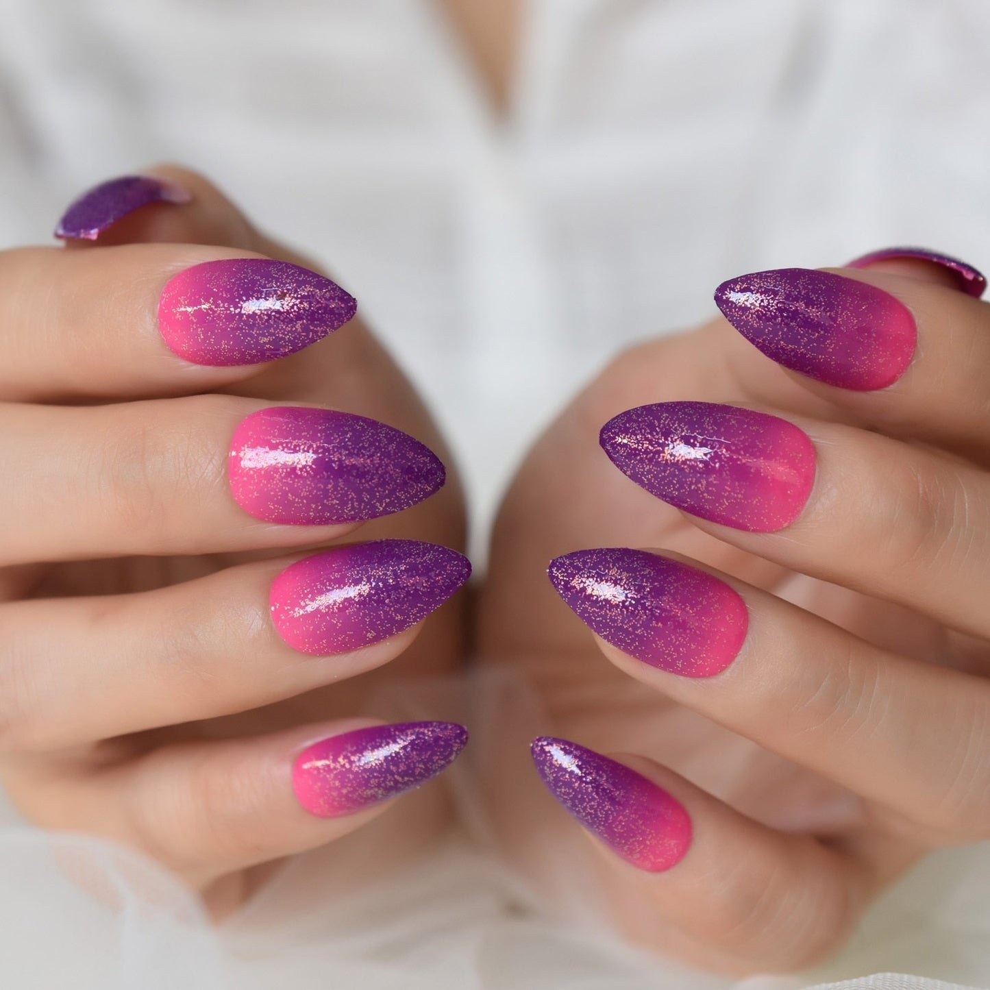 Glossy Gradient Rainbow Ombre French Press on Nails Almond Fake Nails Stiletto Oval Pointed Manicure False Nails Finger Tips