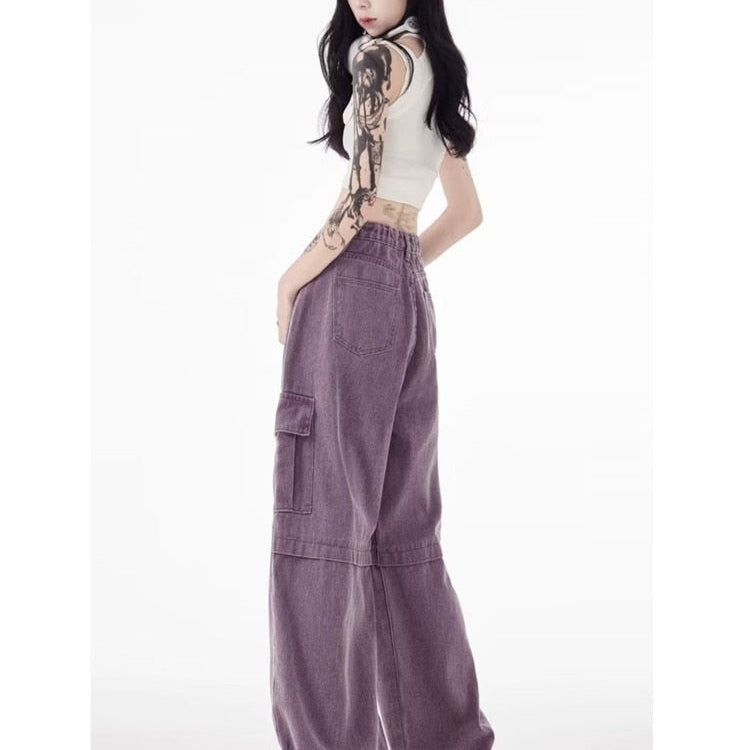 Vintage Purple Cargo Pants New Multi Pocket High Waist Casual Loose Drag Thin Wide Leg Pants Women's Jeans