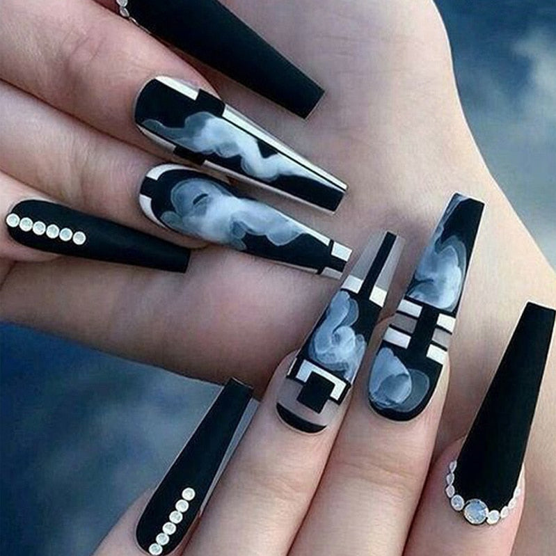3D long fake nails black marbling Graffiti Aura french coffin tips with diamond faux ongles press on acrylic false nail supplies