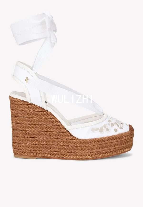 Women Woven Wedge Sandals Blue White Flower Print Graffiti Straw Butterfly Hollow High Heels Ankle Ribbon Wrapping Casual Shoes 12.5cm 1