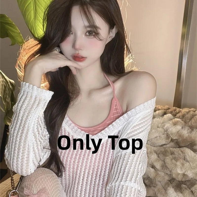 Women's Summer Fashion Hollow Out Shirt+Suspender+Wide Leg Pants Three Piece New in Matching Set Korean Elegant Tracksuit Pink Top